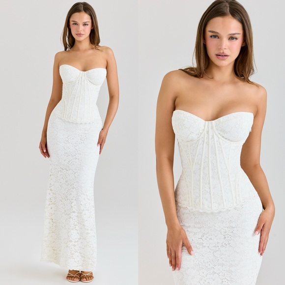 House of CB Solaine Ivory Lace Corset Maxi Dress Size L A-C NWOT Floral lace - Picture 5 of 17